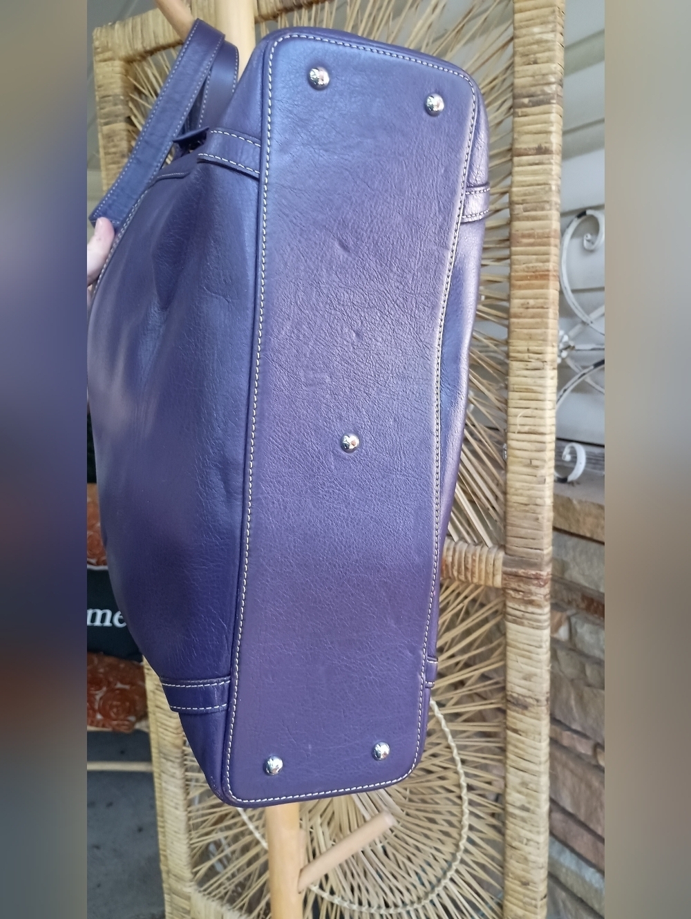 Levenger Purple Leather Shoulder Tote Purse - Picture 3 of 5